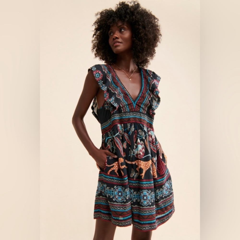 Anthropologie Black and Blue Floral Mini Dress